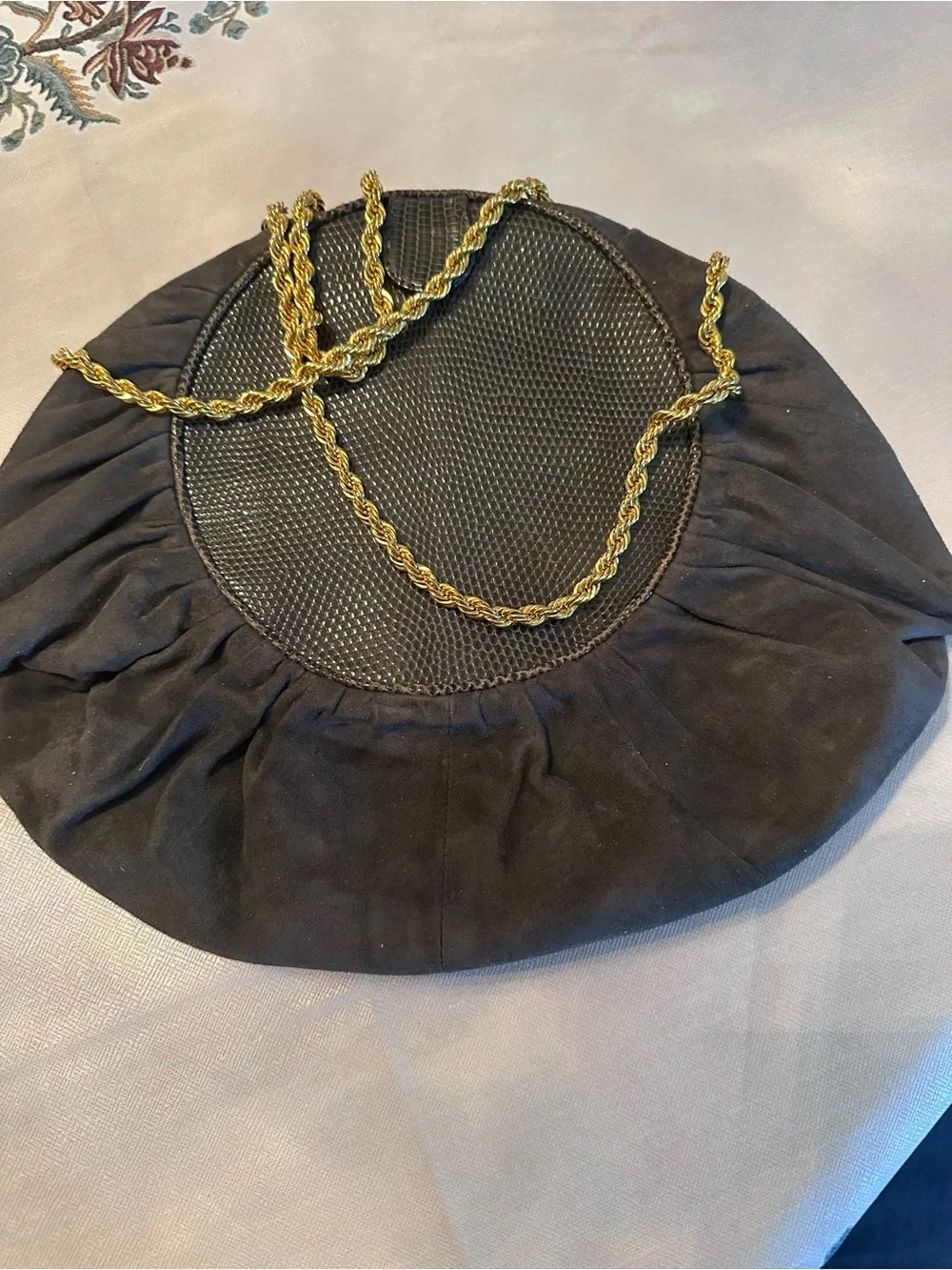 Vintage Bottega Veneta Gray Suede Round Ruched Shoulder Bag with Gold Chain